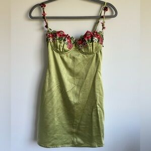 Olive green dress with floral top detail. Never worn